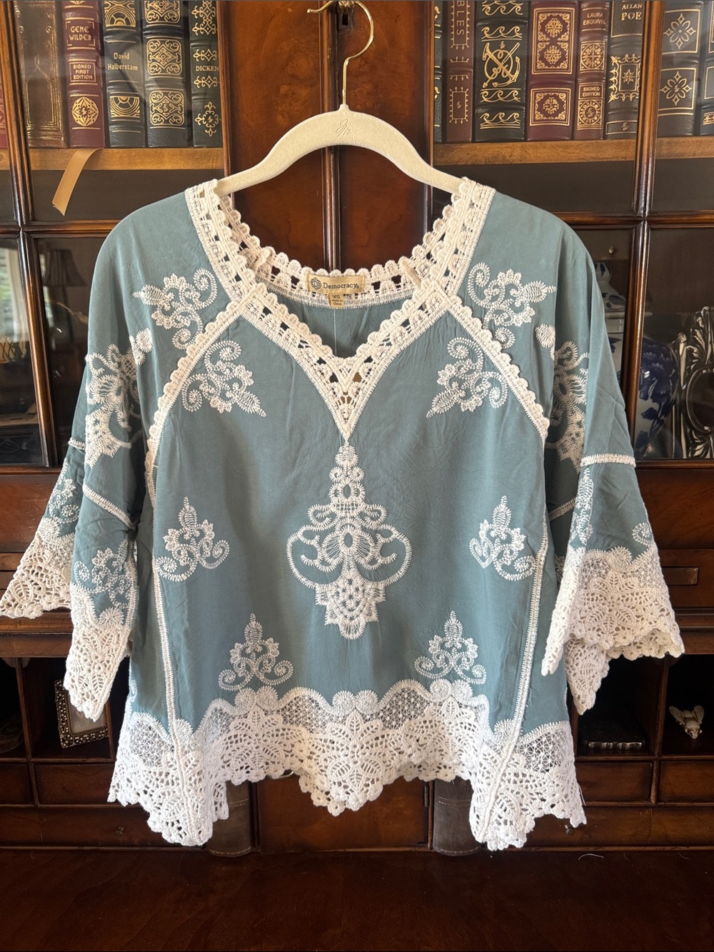 Democracy Dusty Blue Embroidered Crochet-Trim Tunic - NWT!
